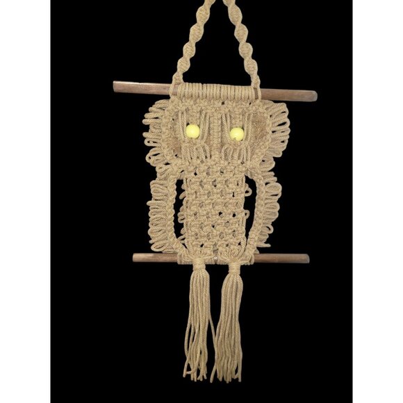Vtg 70s Jute Wood Handmade Yarn Macramé Owl Hanging Boho Hippie Home Decor Retro - Picture 2 of 7